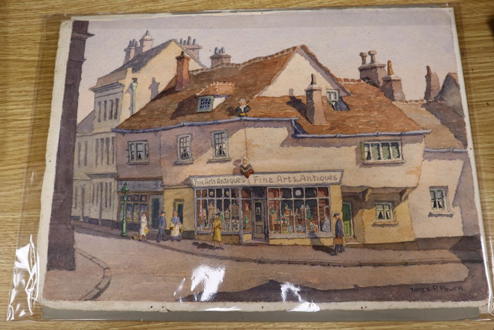 James P. Power, Old Houses, Lewes, Sussex and two similar topographical watercolours, approx 26 x 35.5cm